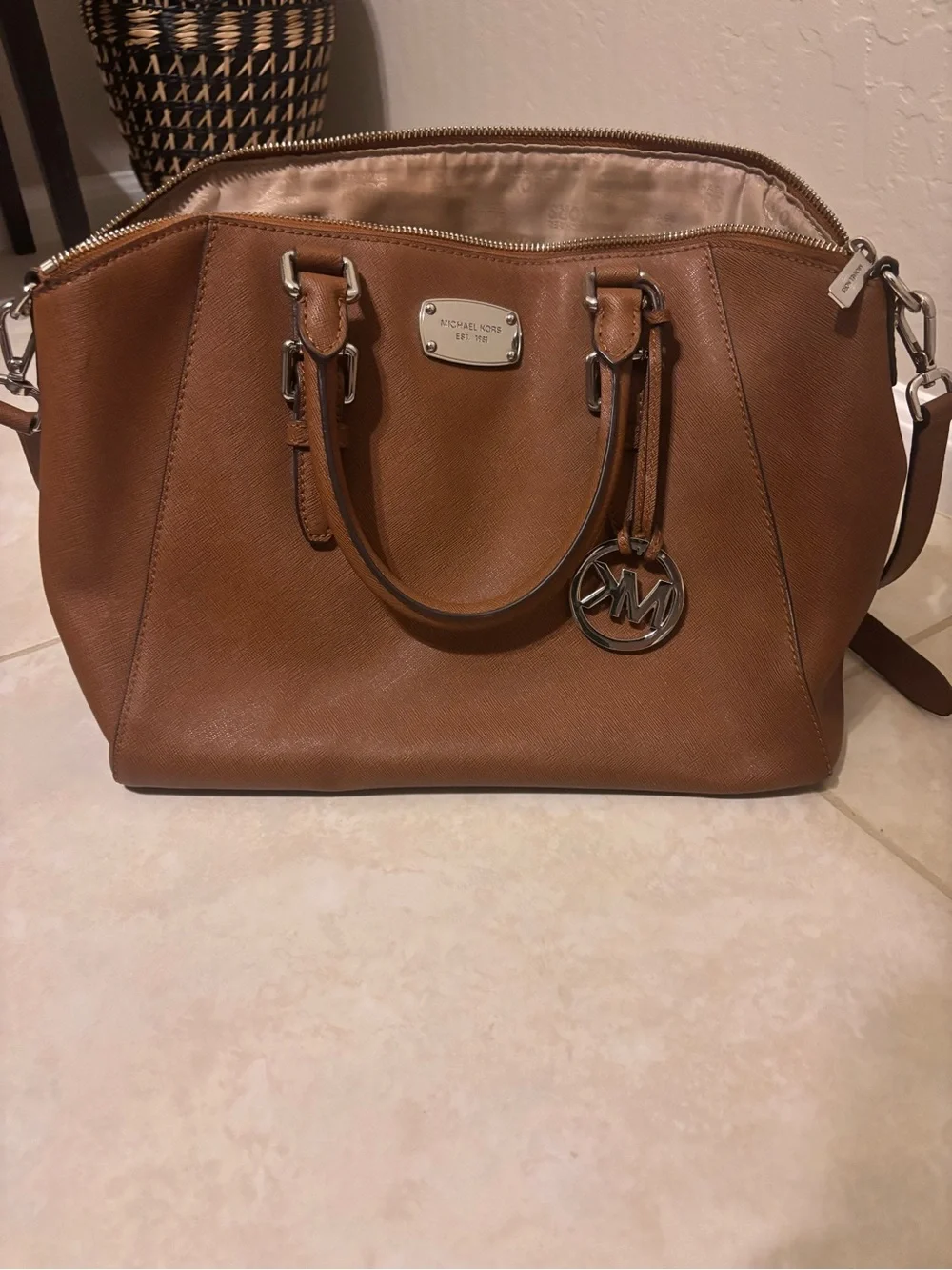 Michael Kors Tan Saffiano Leather Satchel with Silver Hardware